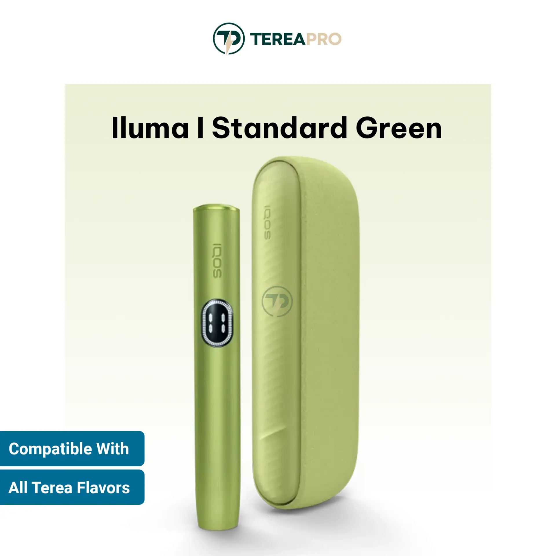 IQOS ILUMA i Standard Green device featuring a vertical touchscreen and sleek green finish in Dubai