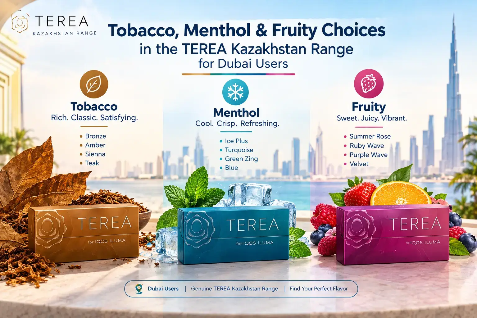 Guide to TEREA Kazakhstan flavors for Dubai users, covering tobacco, menthol, fruity
